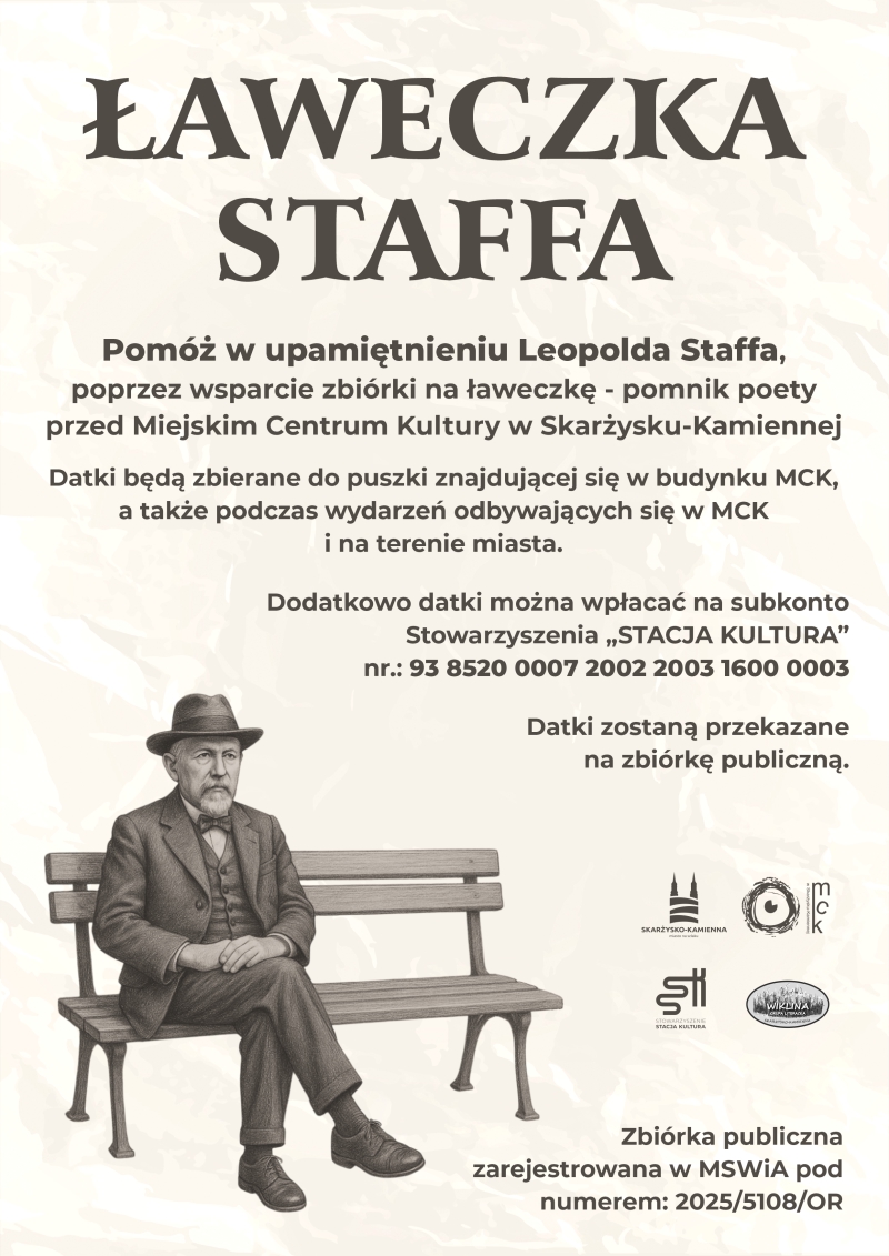 plakat reklamujace zbiórkę na Ławeczkę Staffa