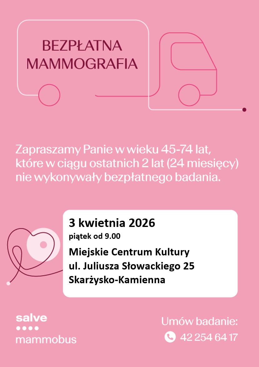 plakat reklamujacy mammobus ktyry bedzie obok MCK w Skarzysku