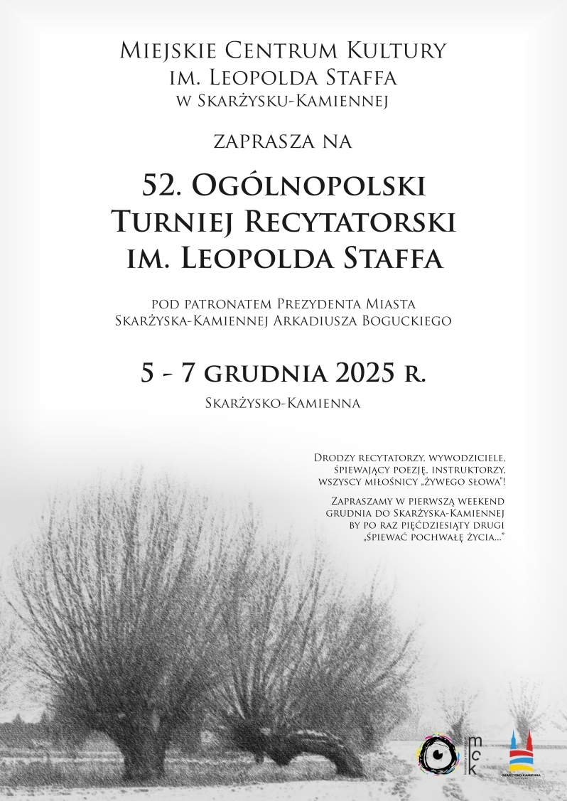 plakat reklamujący 52 Oogólnopolski Turniej Recytatorski 2025 w MCK Skarżysko