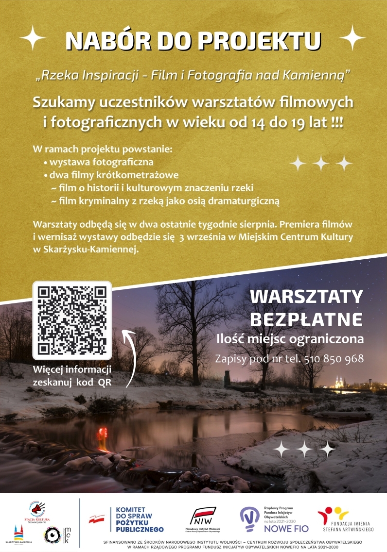 plakat reklamujący nabór do projektu Rzeka Inspiracji - Film i&nbsp;Fotografia nad Kamienną