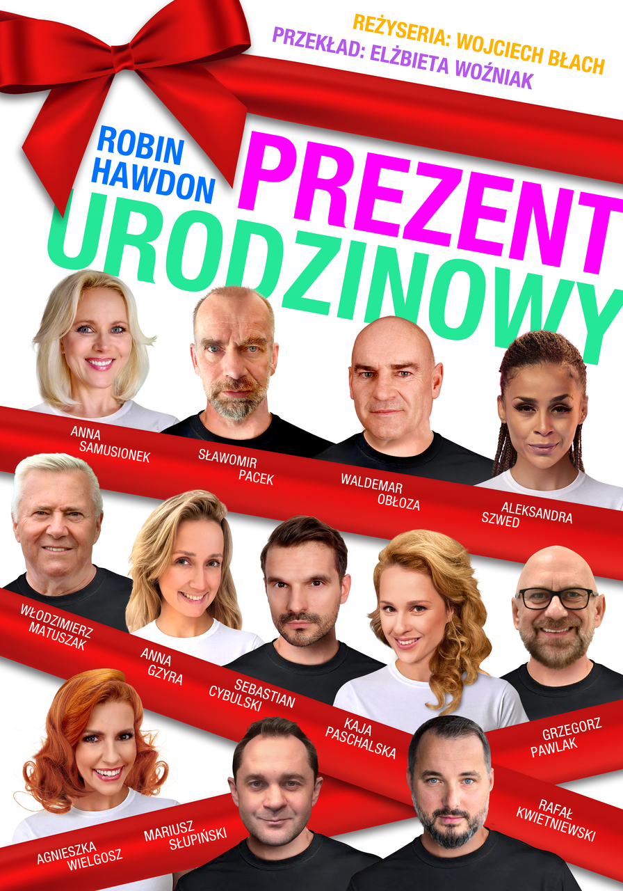 Plakat reklamujący spektakl komediowy Prezent urodzinowy