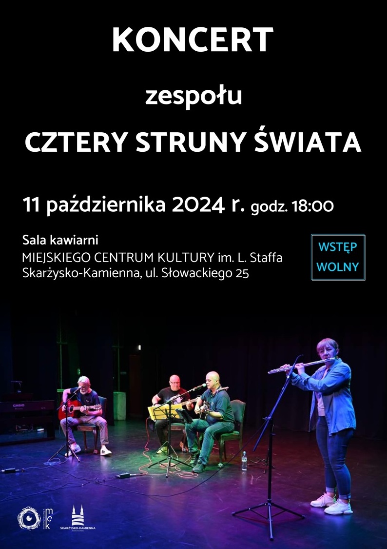 Plakat reklamujący koncert zespołu Cztery struny świata w MCK Skarżysko