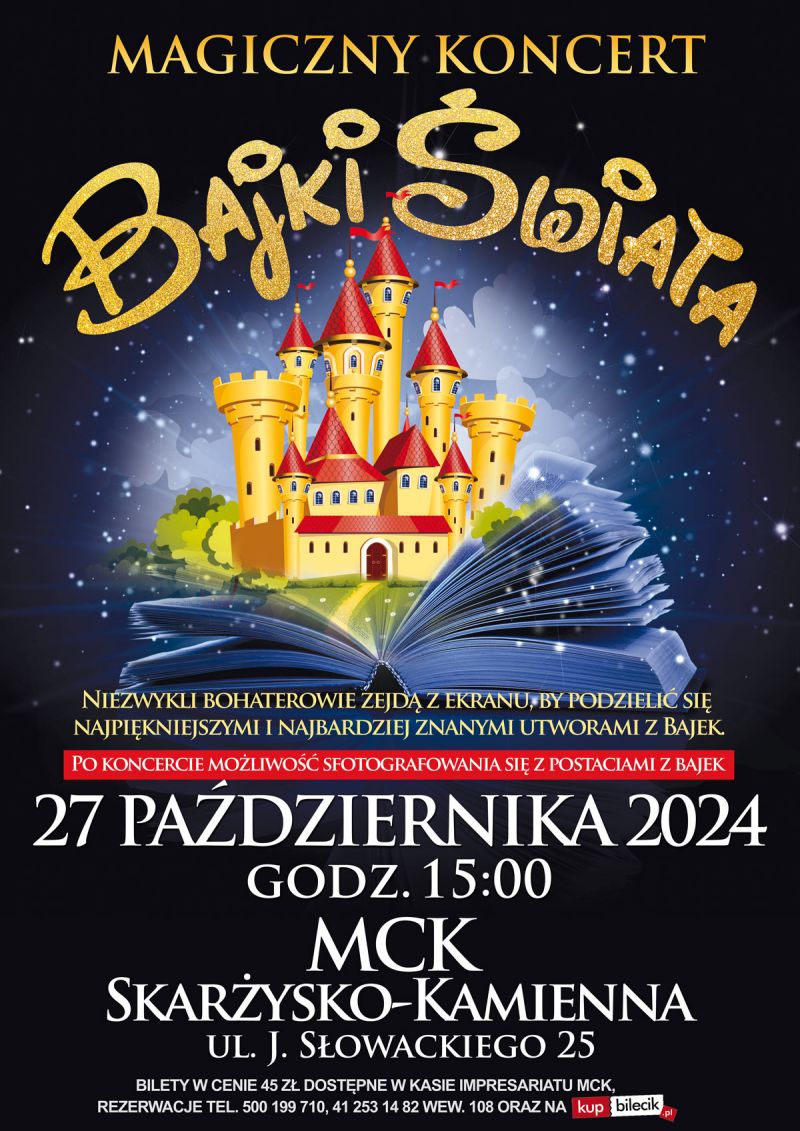 Plakat reklamujący magiczny koncert bajki swiata w MCK Skarżysko