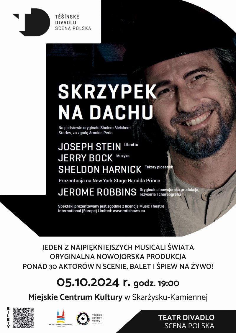 plakat reklamujący musical skrzypek na dachu, który odbędzie sięw MCK Skarżysko