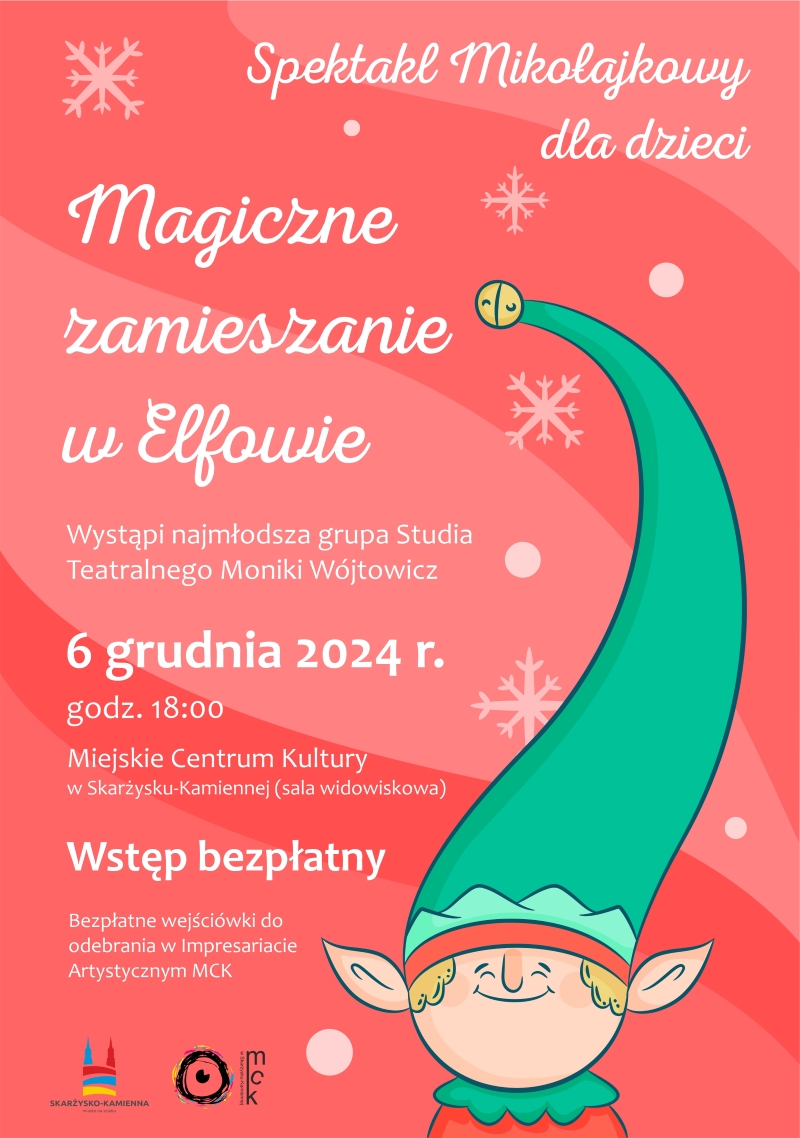 Plakat reklamujący spektakl dla dzieci pt. Magiczne zamieszanie w Elfowie