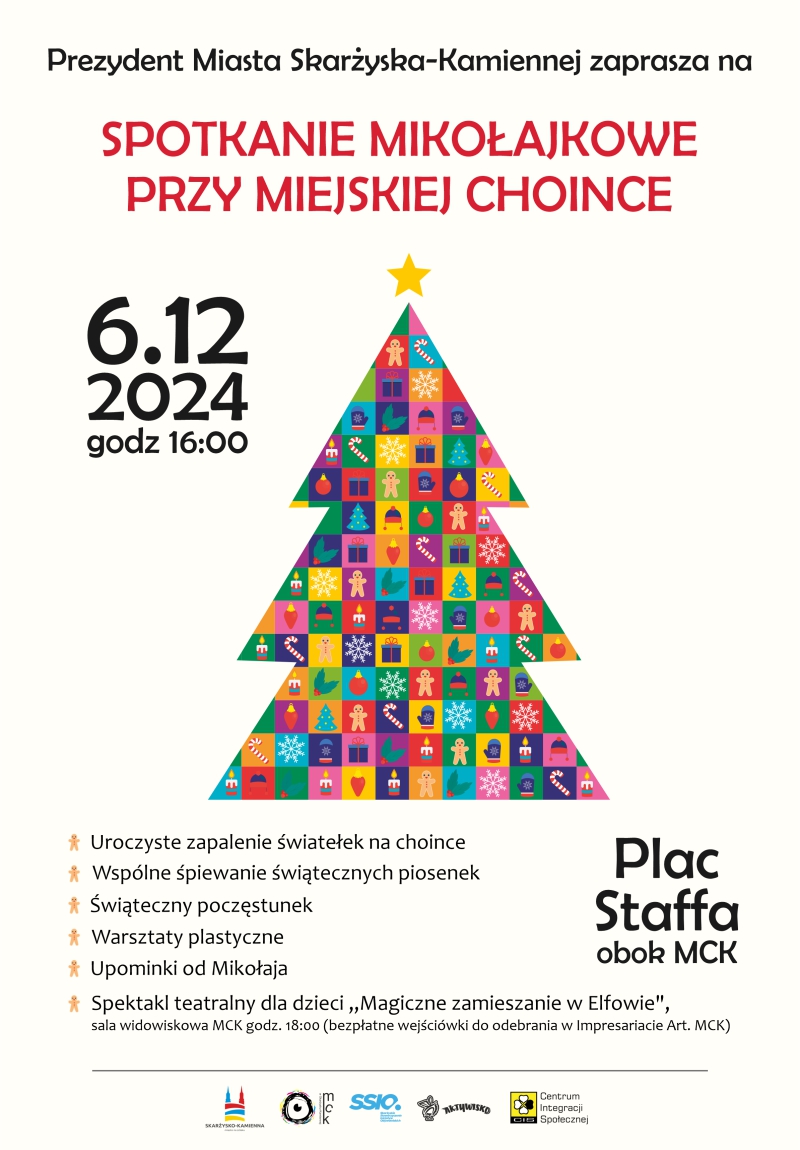 Plakat reklamujący Spotkanie mikolajkowe przy choince miejskiej w Skarżysku-Kamiennej