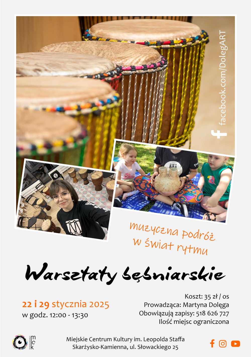 Plakat reklamujący warsztaty bebniarskie
