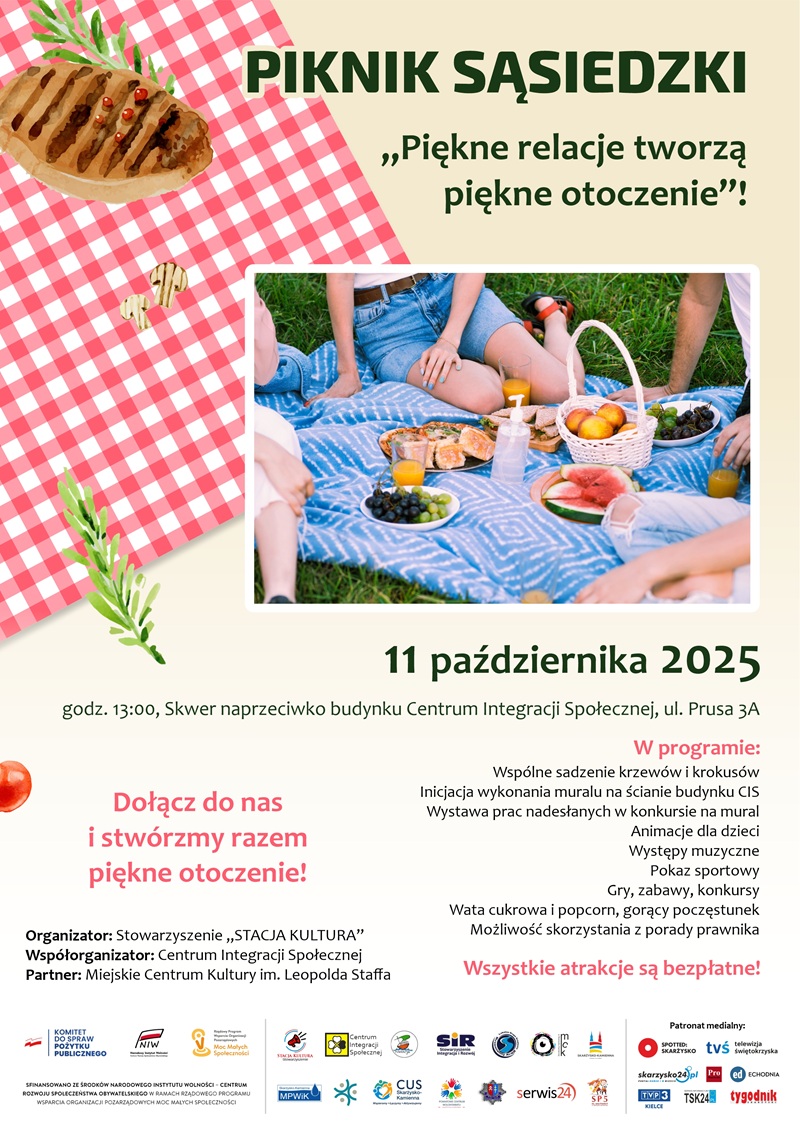 plakat reklamujący piknik sąsiedzki w&nbsp;Skarżysku-Kamiennej