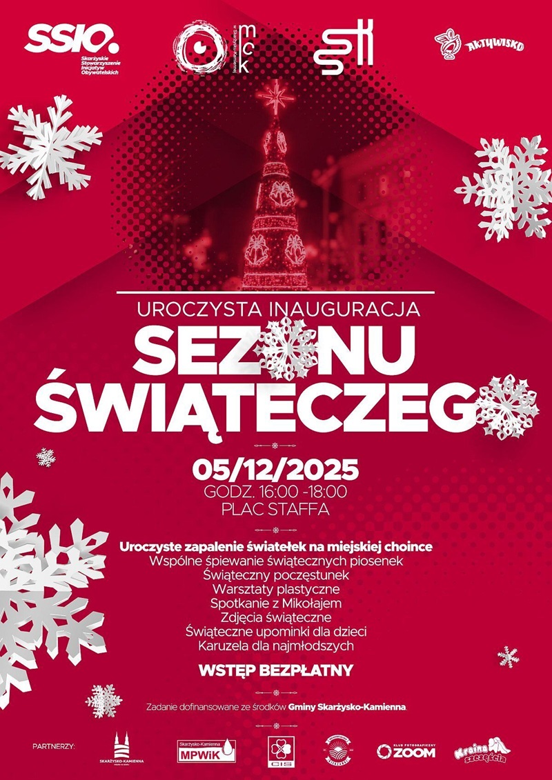 plakat reklamujący wydarzenie pt. rozswietlenie miejskiej choinki w&nbsp;Skarżysku