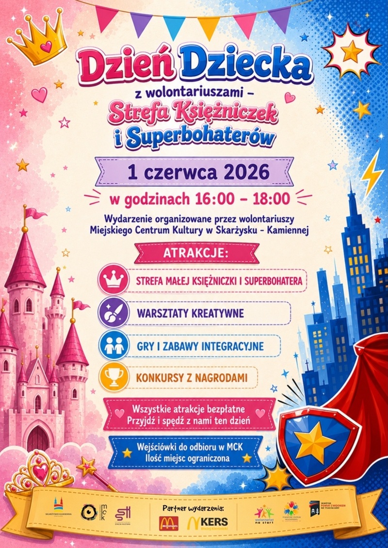 plakat reklamujacy wydarzenie dziec dziecka z&nbsp;wolontariuszami w&nbsp;MCK Skarzysko