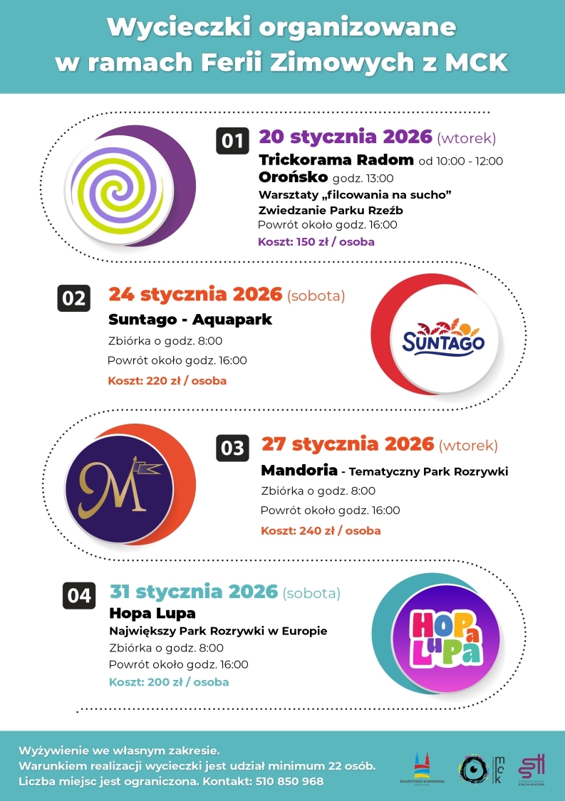 plakat reklamujący wycieczki organizowane w&nbsp;ramcha ferii zimowych w&nbsp;MCK