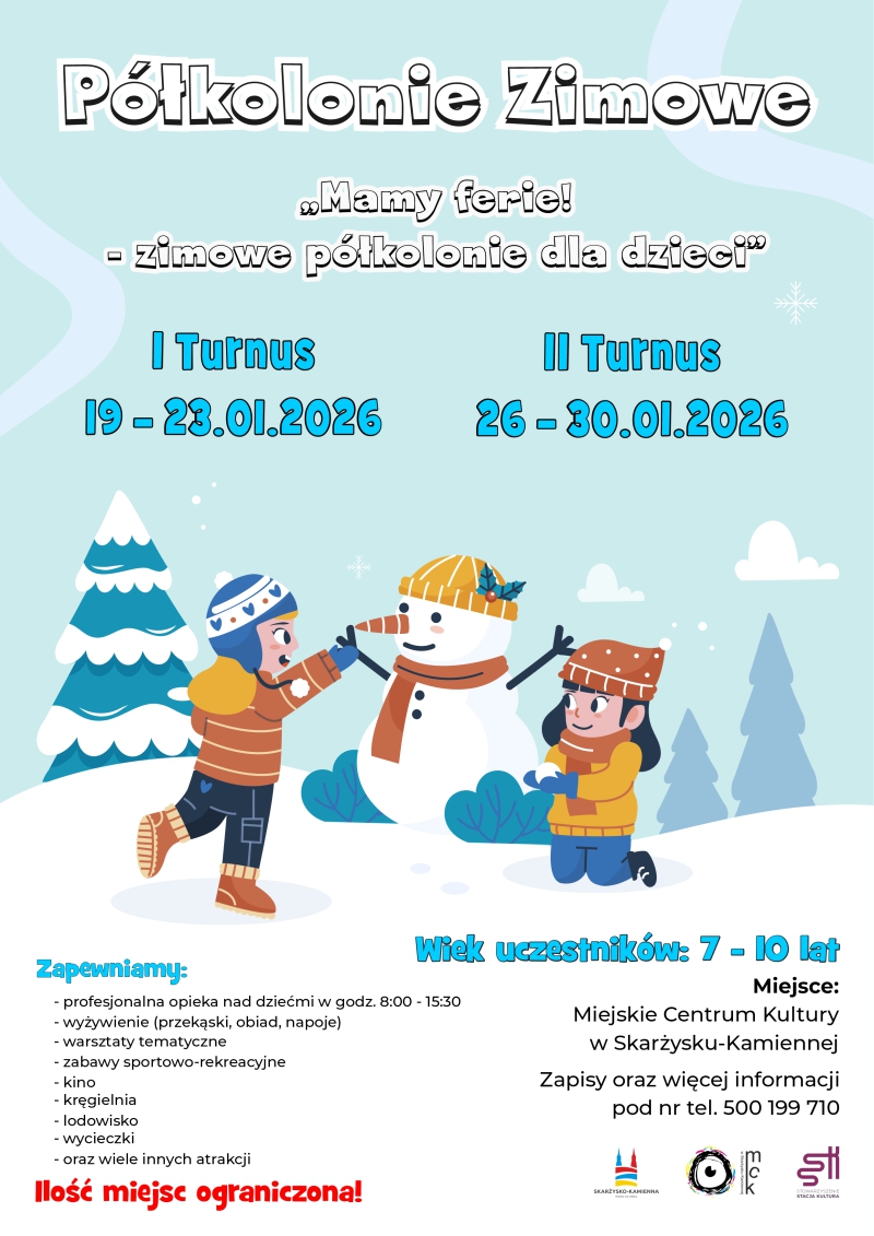 plakat reklamujacy polkolonie zimowe 2026 w MCK Skarzysko