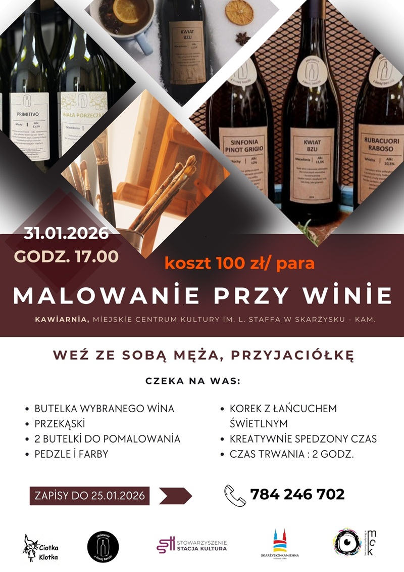 plakat reklamujacy wydarzenie  malowanie przy winie w MCK Skarzysko
