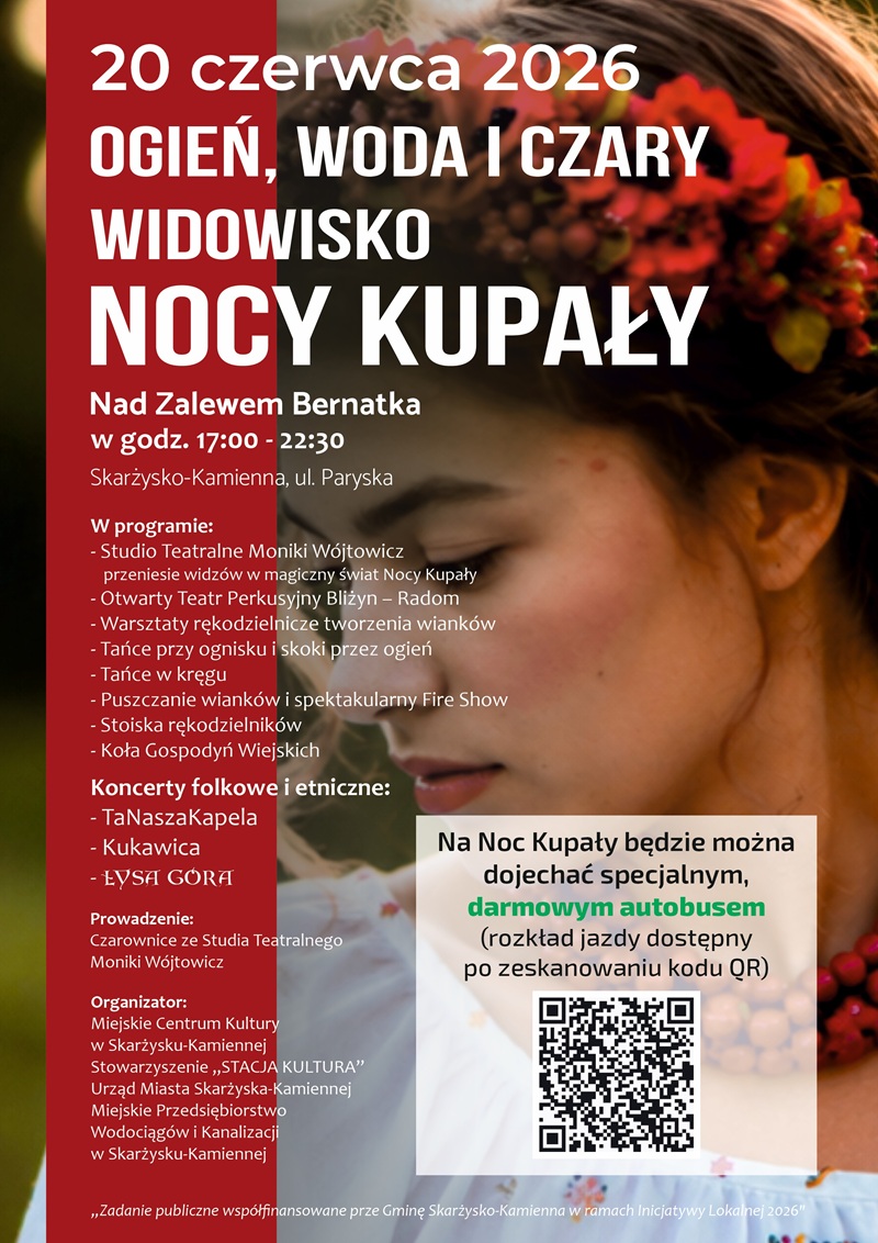 plakat reklamujacy darmowy autobus na noc kupaly 2026 w skarzysku-kamiennej