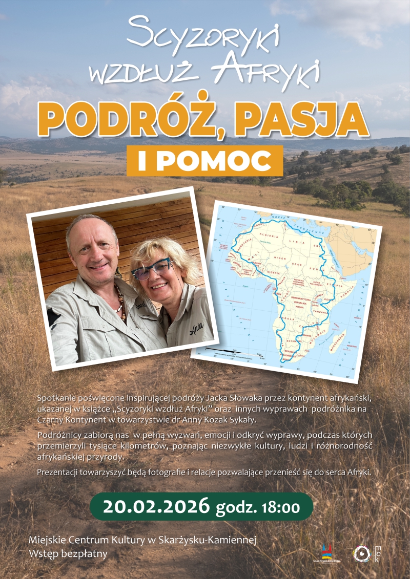 plakat reklamujacy spotkanie podroznicze pn. scyzoryki wzdluz afryki w MCK Skarzysko