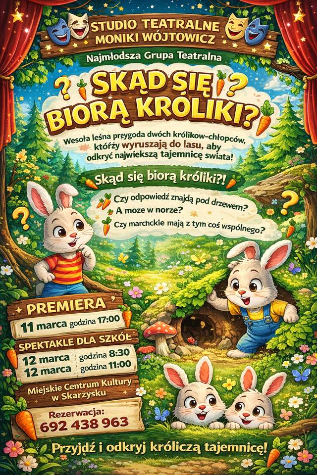 plakat reklamujacy spektaklu Studia Teatralnego Moniki Wójtowicz pt Skad sie biora kroliki w MCK Skarzysko