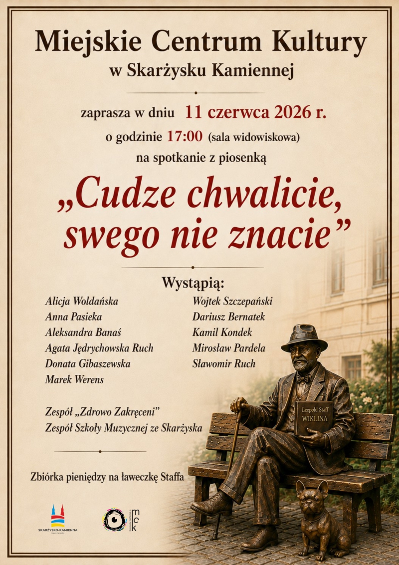 plakat reklamujacy spotkanie z&nbsp;pionenką pt. Cudze chwalicie swego nie znacie w&nbsp;MCK Skarzysko