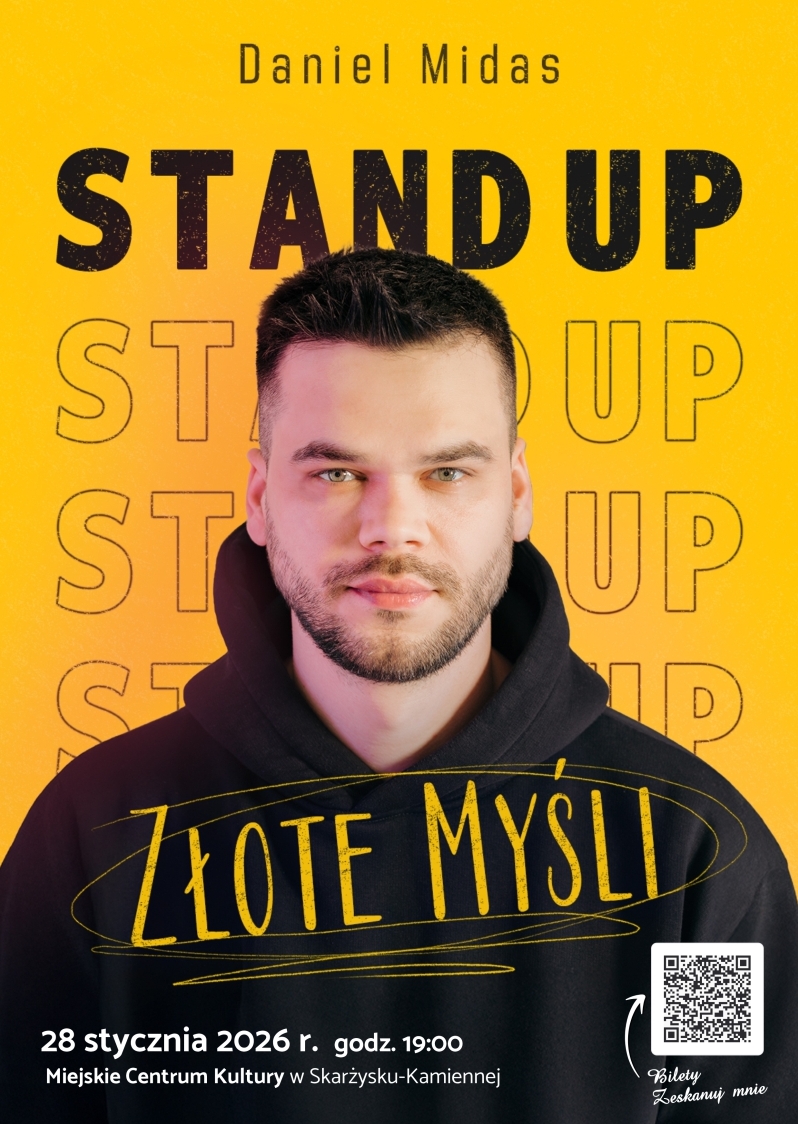 Plakat reklamujący stand up Daniela Midasa w MCK SKarżysko